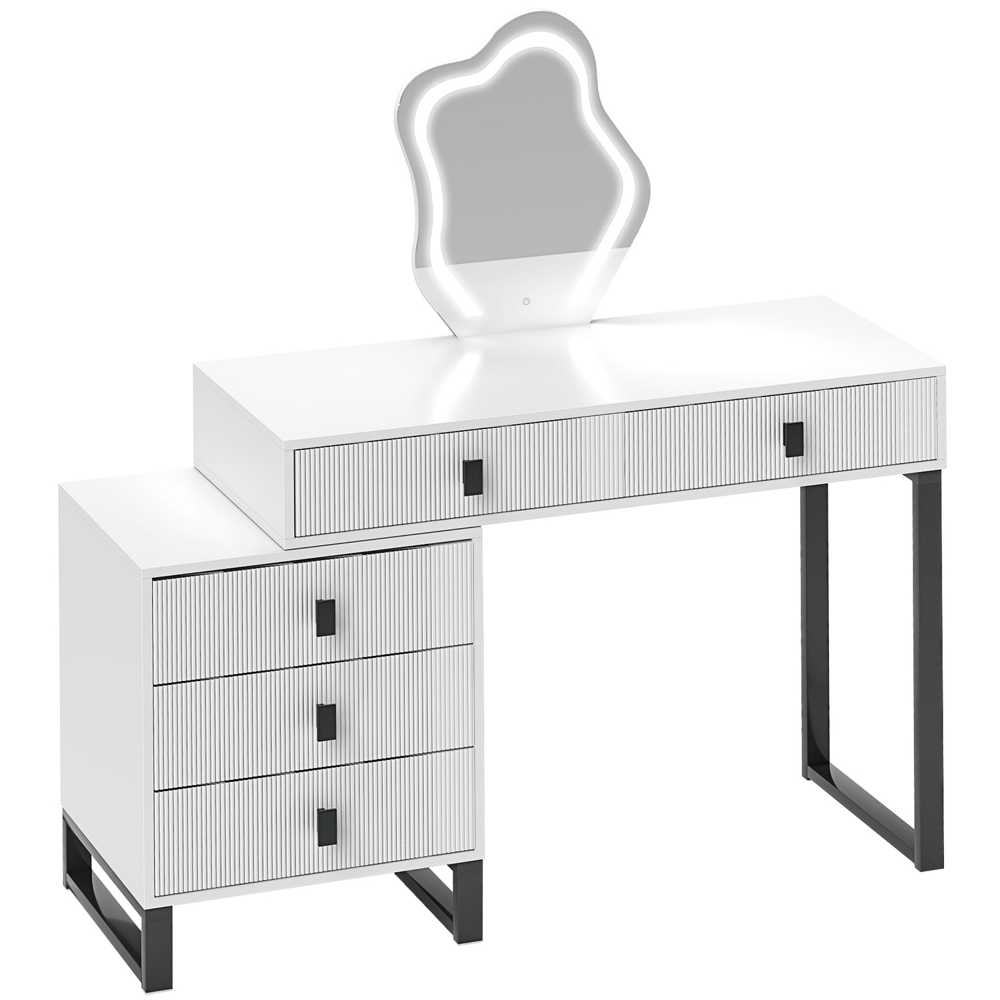 Nalomo White Vanity Desk With Leaf ShaFauxd Mirror 5 Drawers And 3 Colour LED Lighting