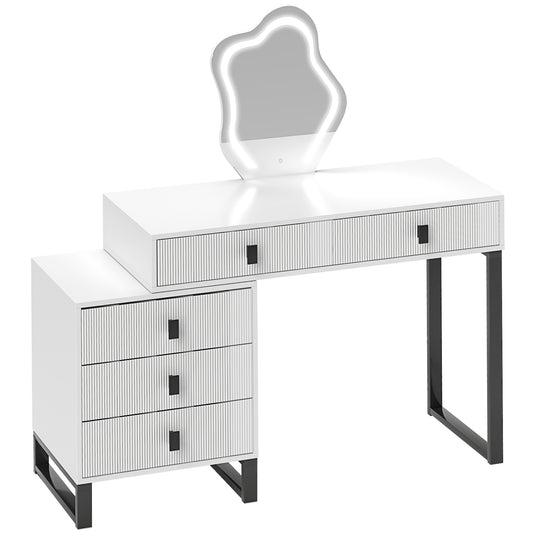Nalomo White Vanity Desk With Leaf ShaFauxd Mirror 5 Drawers And 3 Colour LED Lighting