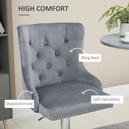Recoco Velvet Grey Adjustable Swivel Bar Stools Set Of 2 With Tufted Back And Nailhead Detail