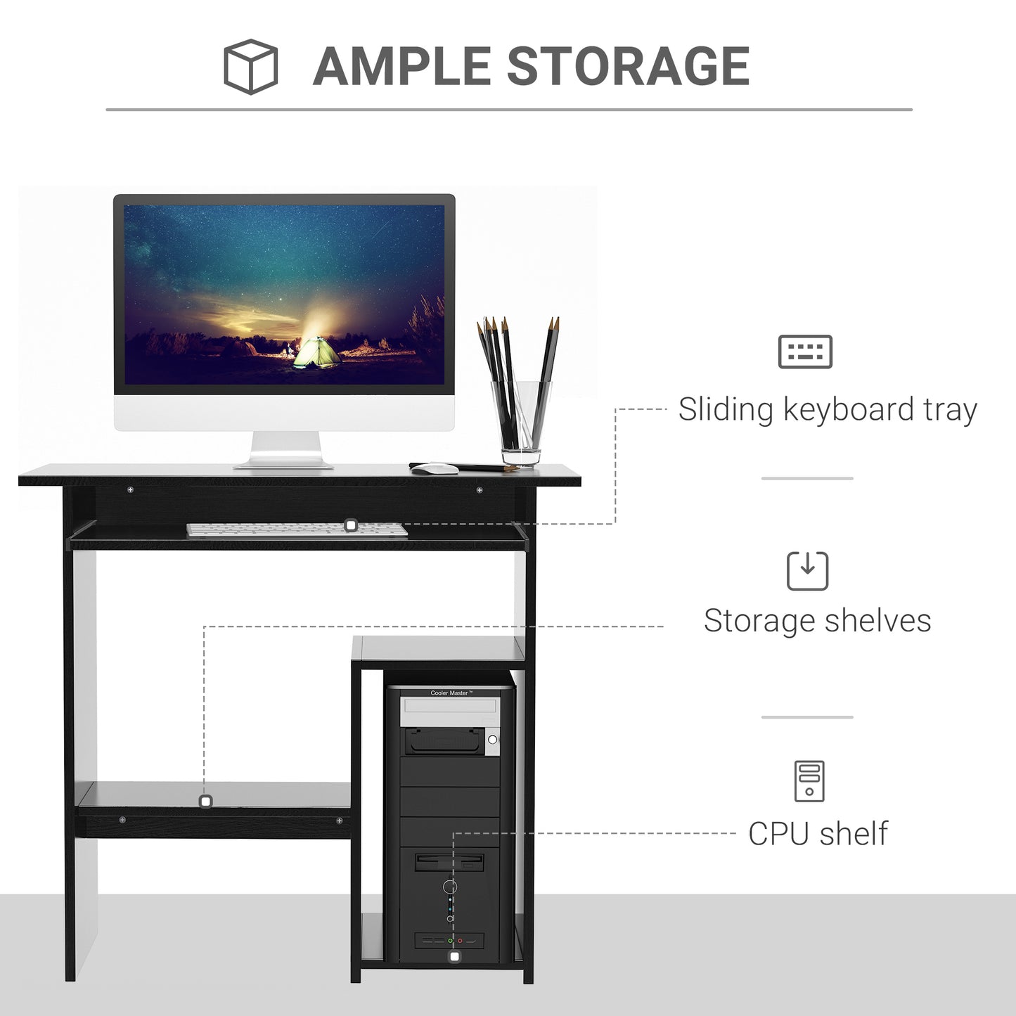 Moke 80cm Wooden Black Compact Corner Desk With Keyboard Tray And Storage Shelves