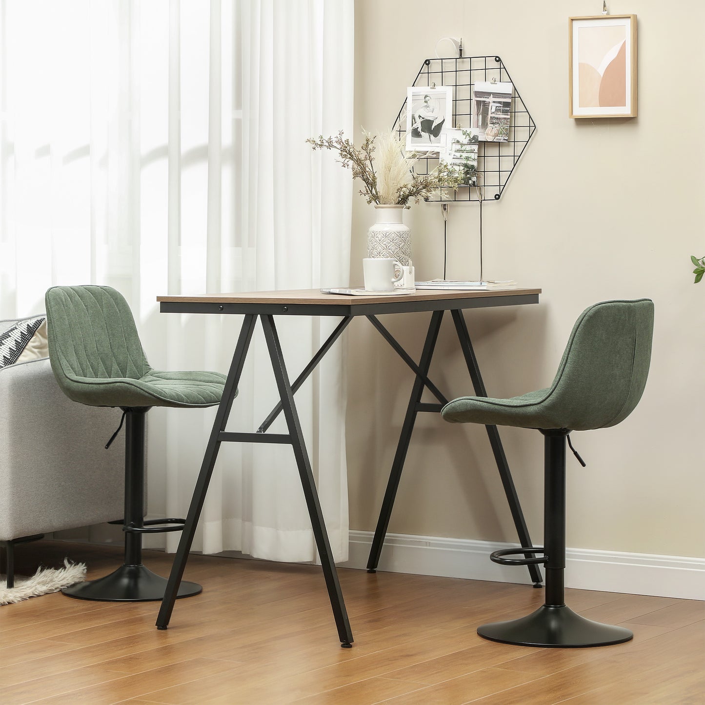 Kali Fabric Green Adjustable Linen Look Bar Stools Set Of 2