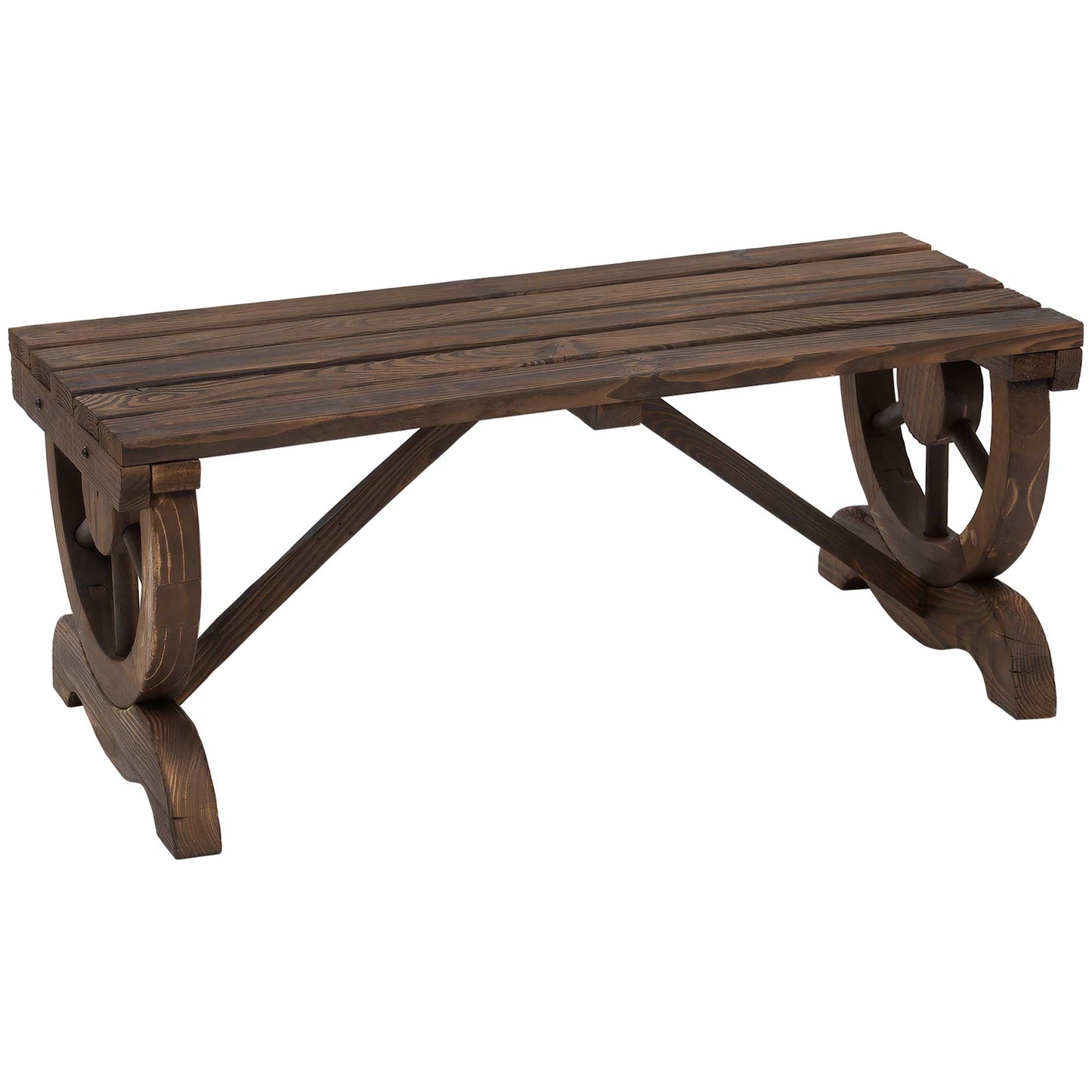 Vini Wood Brown Rustic Garden Bench With Wagon Wheel Legs And Slatted Seat For 2