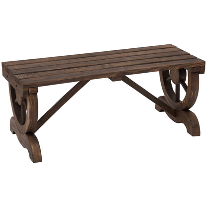 Vini Wood Brown Rustic Garden Bench With Wagon Wheel Legs And Slatted Seat For 2