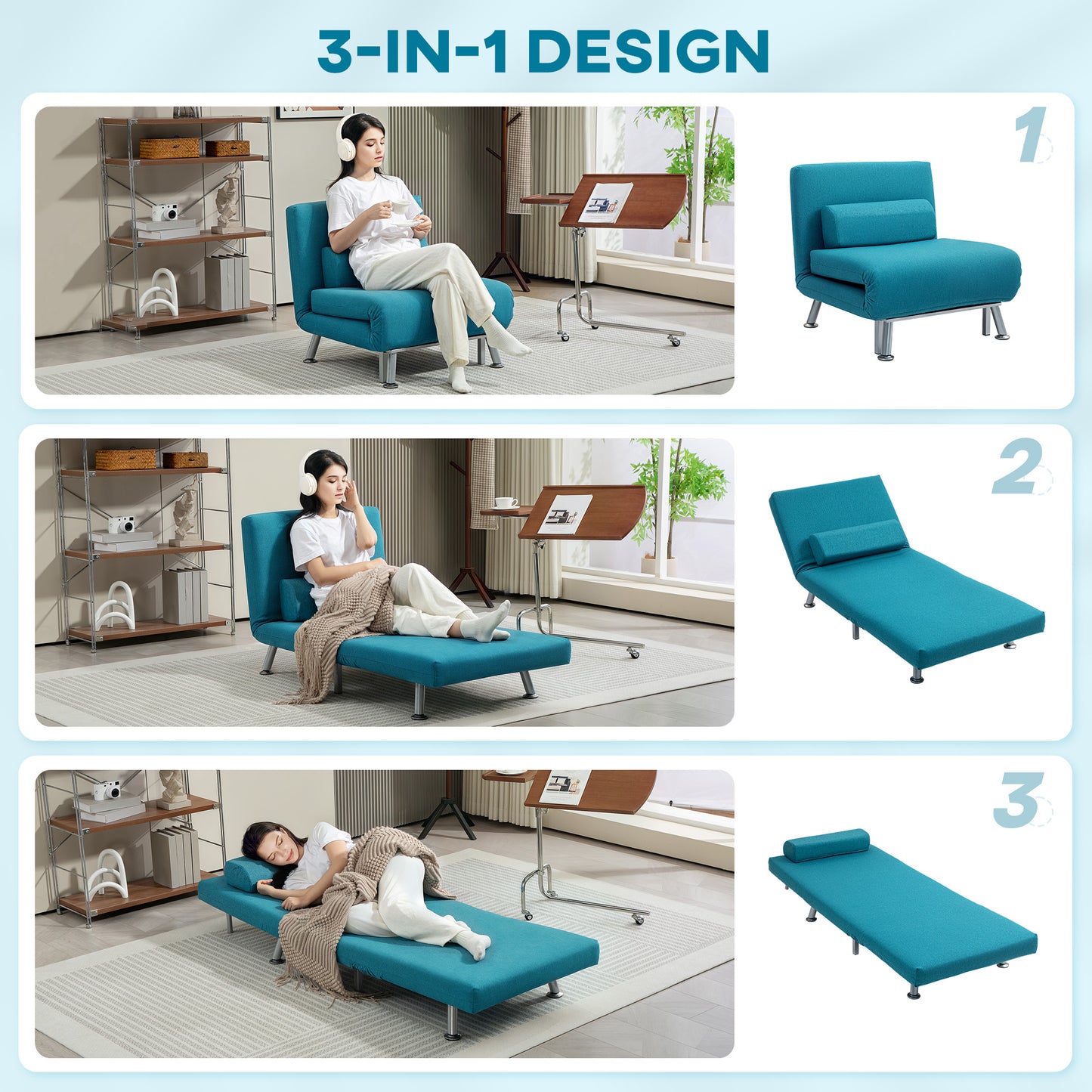 Rekele Linen Dark Blue Single Sleeper Chair