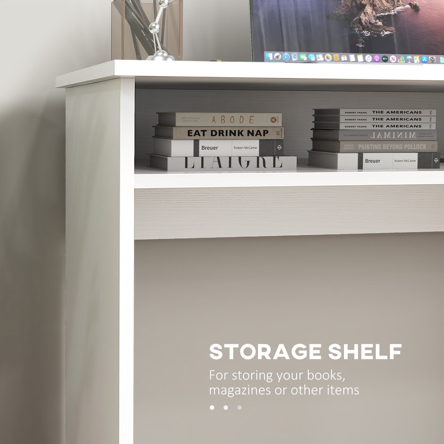 Doha 90cm Wooden White Wood Grain Compact Study Desk With Storage Shelf