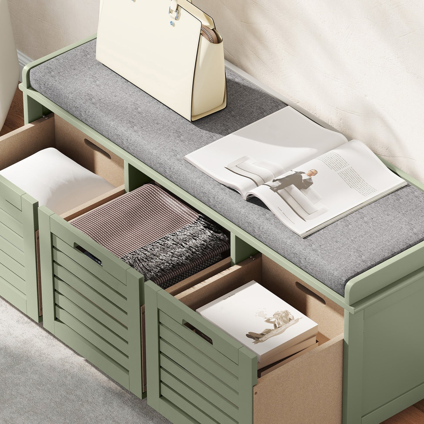 Dilena Wooden Green 3 Drawer Shoe Storage Bench with Grey Padded Seat