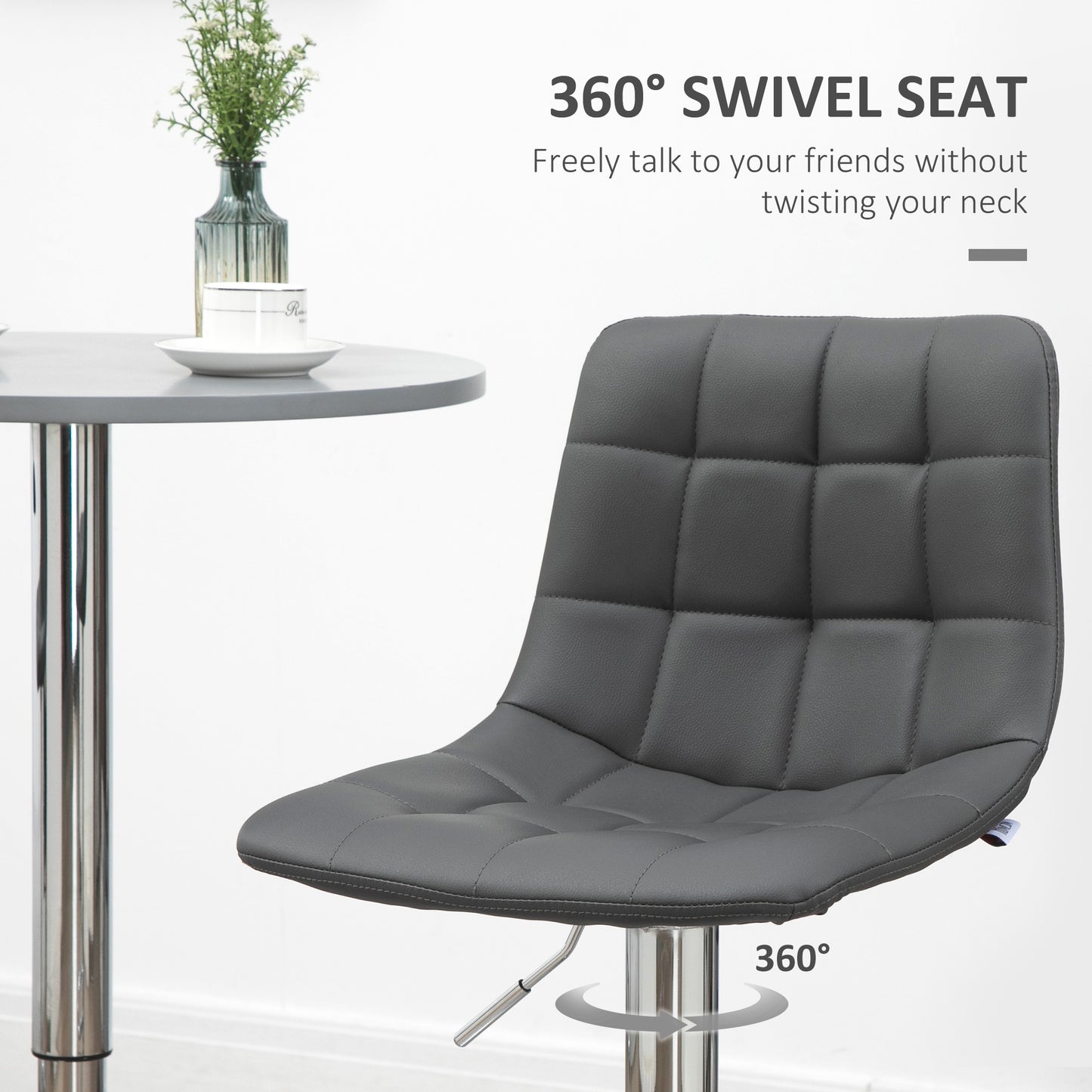 Vivivi Set Of 2 Grey Tufted Faux Leather Swivel Bar Stools With Back Support