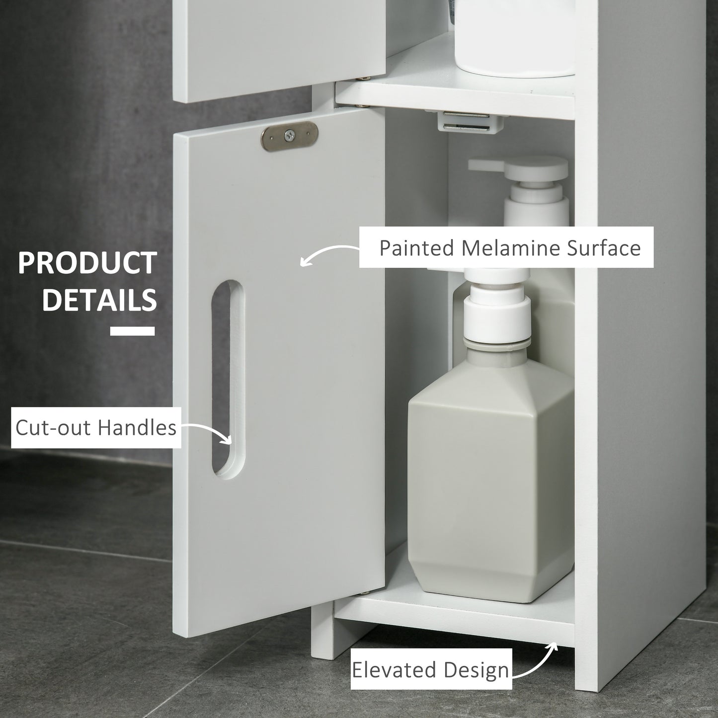 Rizi Tall Freestanding Bathroom Storage Unit With OFauxn Shelves And Cupboards White