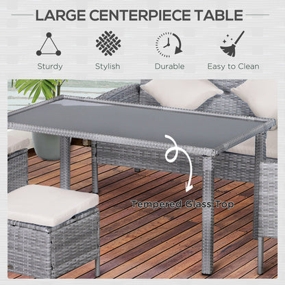 Mora Rattan 7 Seater Outdoor Dining Set with Sofa 2 Footstools and Rectangular Table