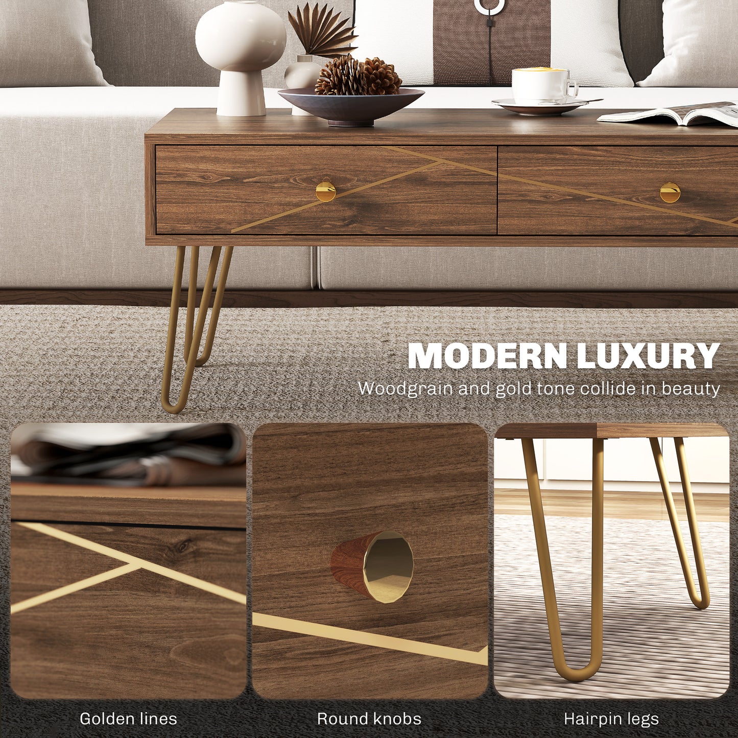 Susele Metal And Wooden Brown Rectangular Coffee Table With Drawers Gold Detail