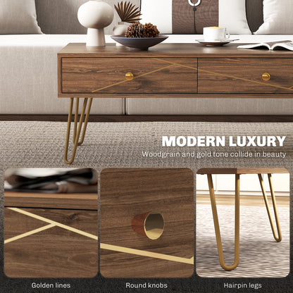 Susele Metal And Wooden Brown Rectangular Coffee Table With Drawers Gold Detail