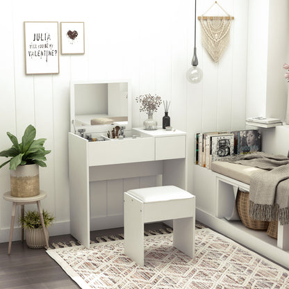 Fimazi Mola White Vanity Desk With Flip Mirror Drawer Storage And Cushioned Stool