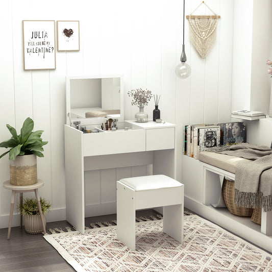 Fimazi Mola White Vanity Desk With Flip Mirror Drawer Storage And Cushioned Stool