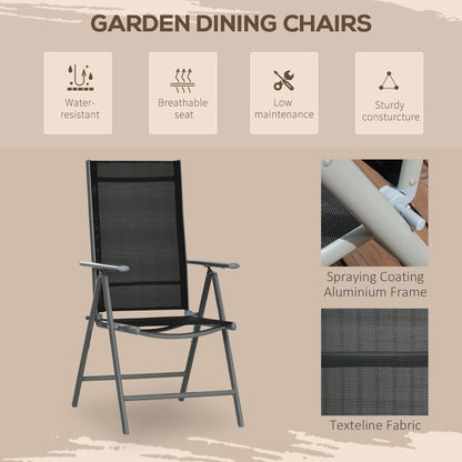 Lule 6 Seater Aluminium Black Garden Dining Set With Folding Mesh Chairs And Glass Table