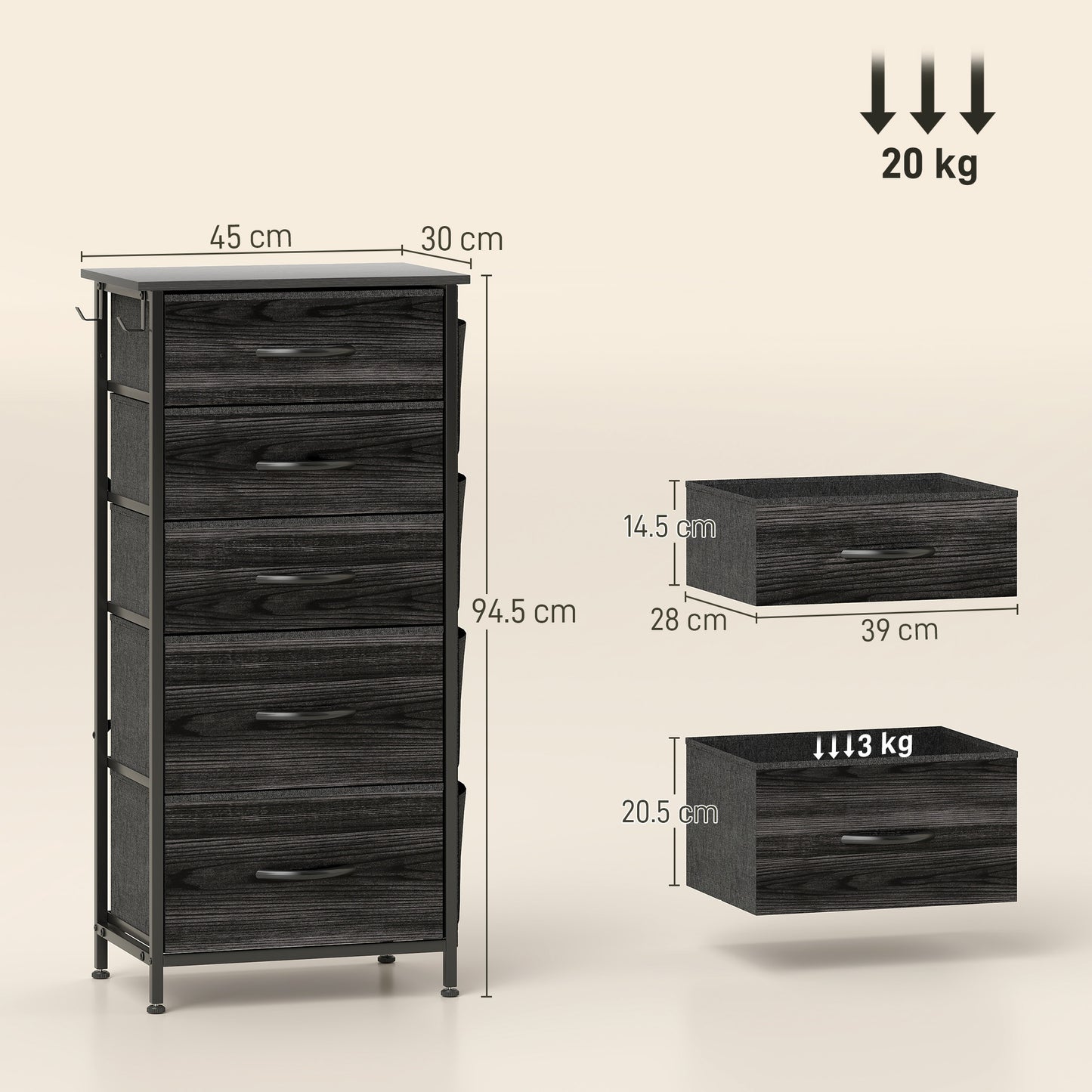 Koratti Fabric And Metal Black 5 Drawer Storage Chest