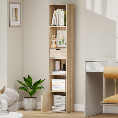 Lamoke Colu Wooden Natural Finish Tall Narrow 6 Tier Bookcase With Drawer And Door