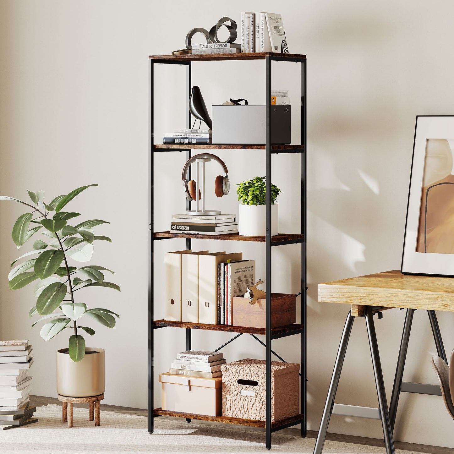 Ravitti Metal And Wood Rustic Brown And Black 5 Tier Industrial Bookcase