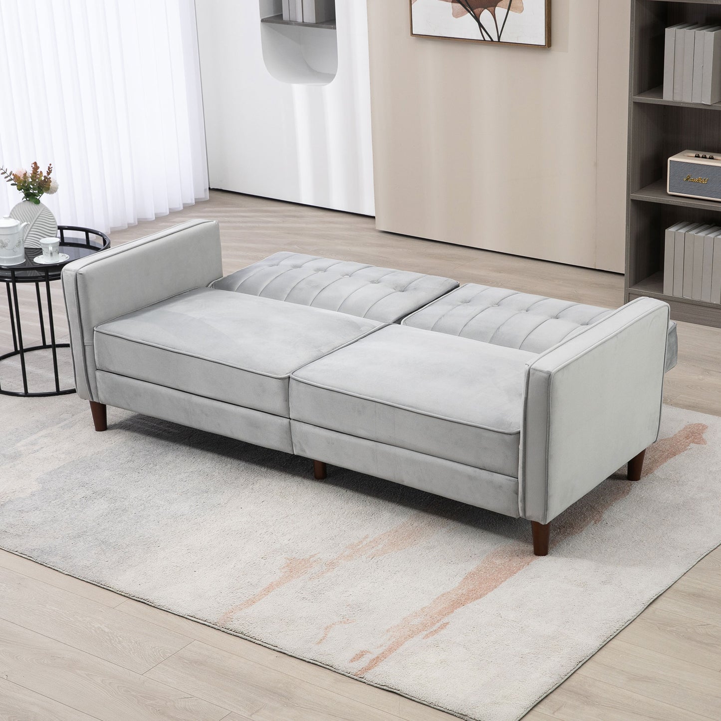 Sasari Velvet Light Grey Convertible Futon Sofa Bed With Tufted Seat And Split Back