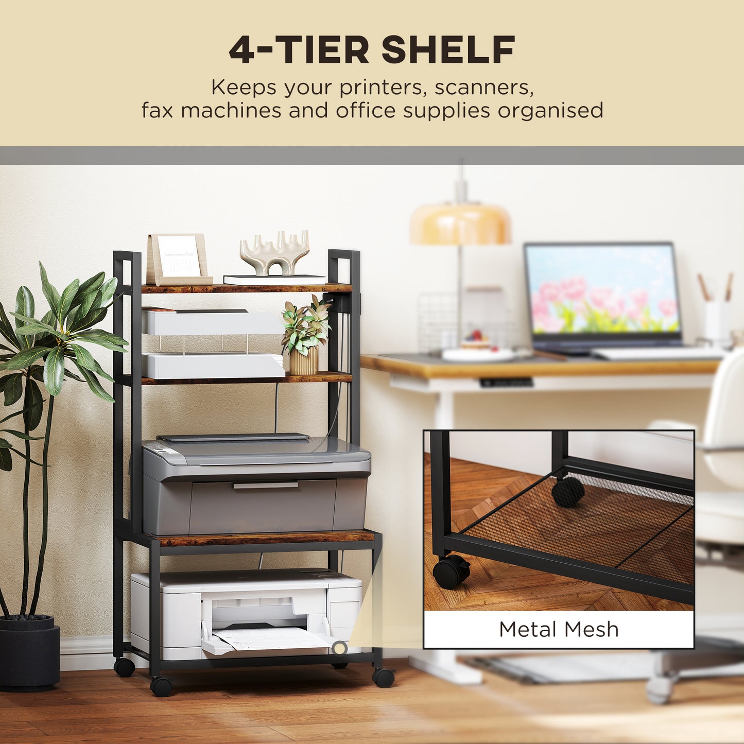 Suto Nivi Metal And Wood Rustic Brown 4 Tier Printer Stand With Power Outlets And Wheels