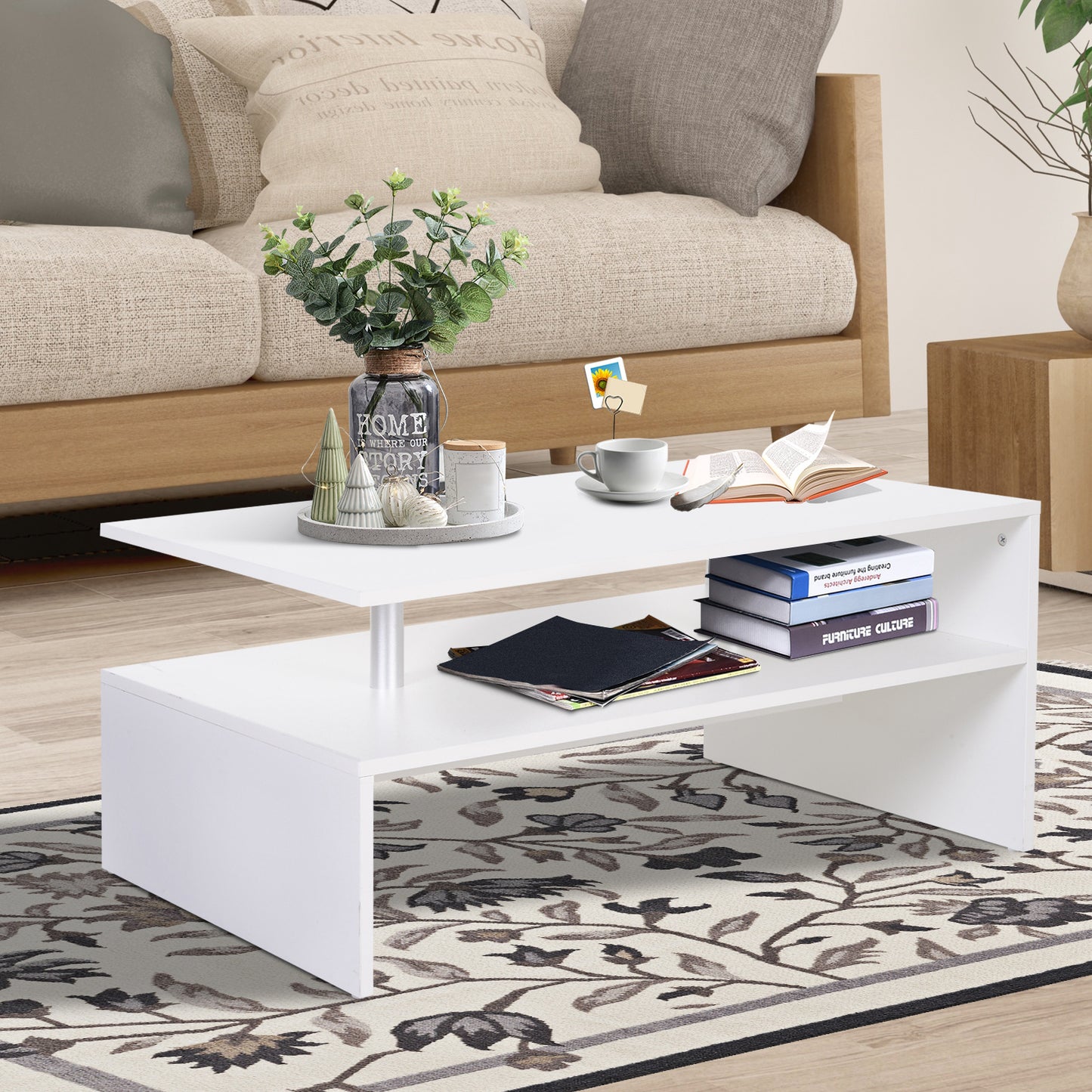 Vifama Wooden White 2 Tier Coffee Table With Open Shelving And Aluminium Supports