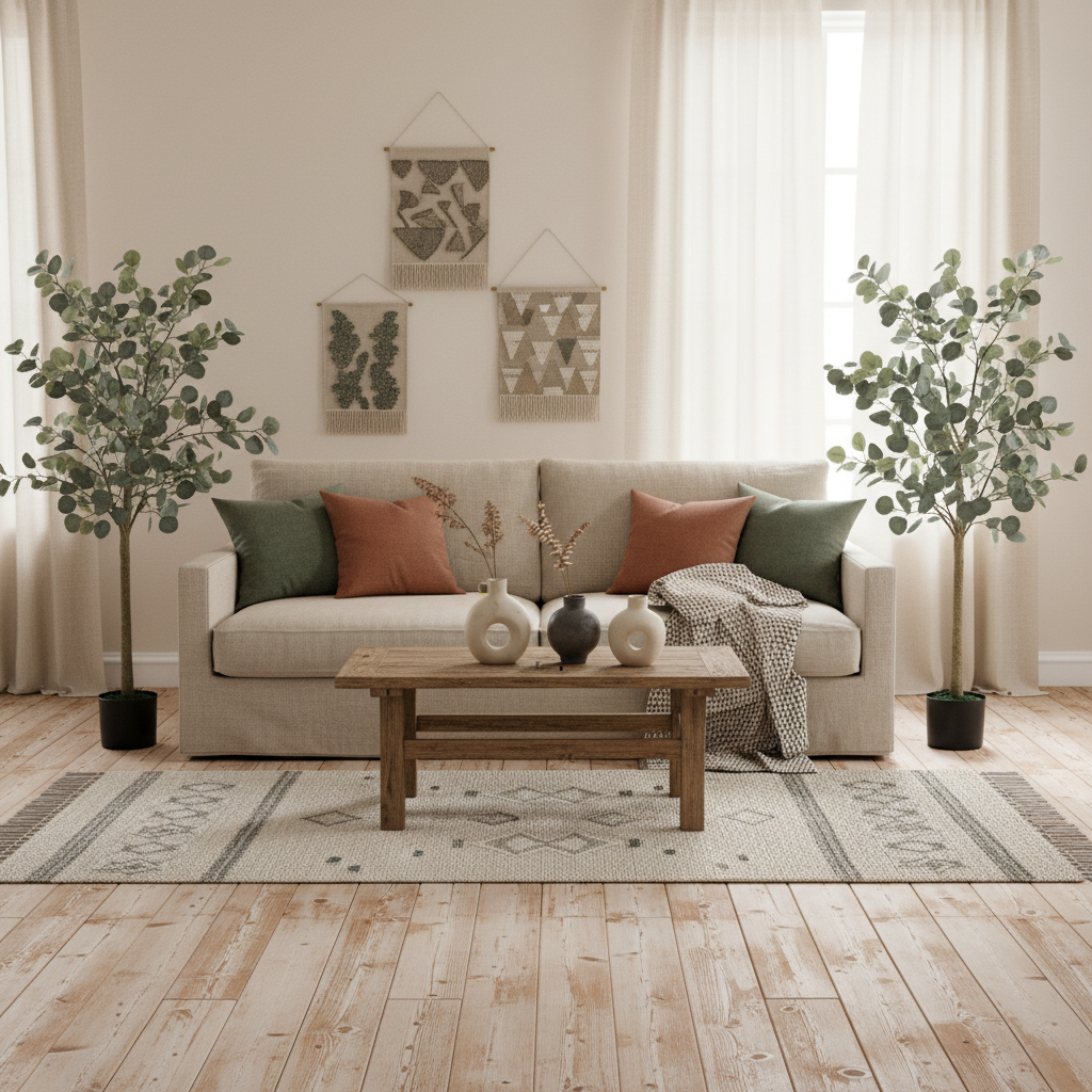 Sulu Set Of 2 Artificial Eucalyptus Style Trees With Silver Dollar Leaf Detail In Pots