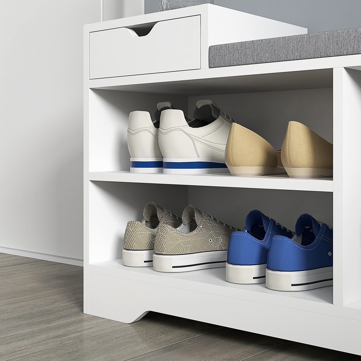 Norata Wooden White Multi Compartment Shoe Bench With Grey Cushioned Seat