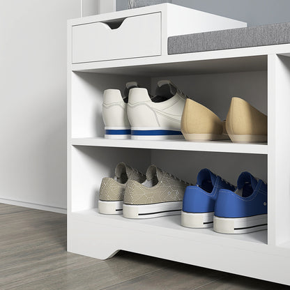 Norata Wooden White Multi Compartment Shoe Bench With Grey Cushioned Seat