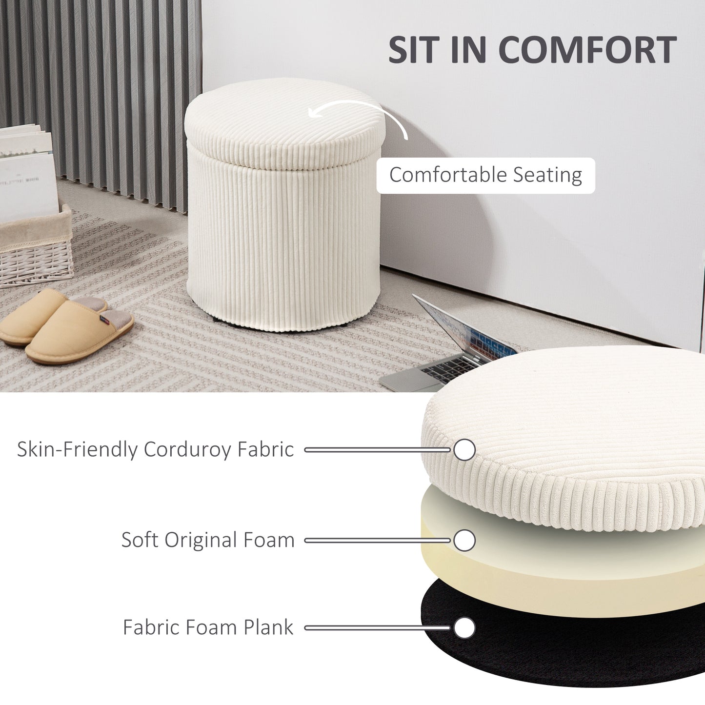 Rokael Round Beige Corduroy Storage Footstool With Removable Lid