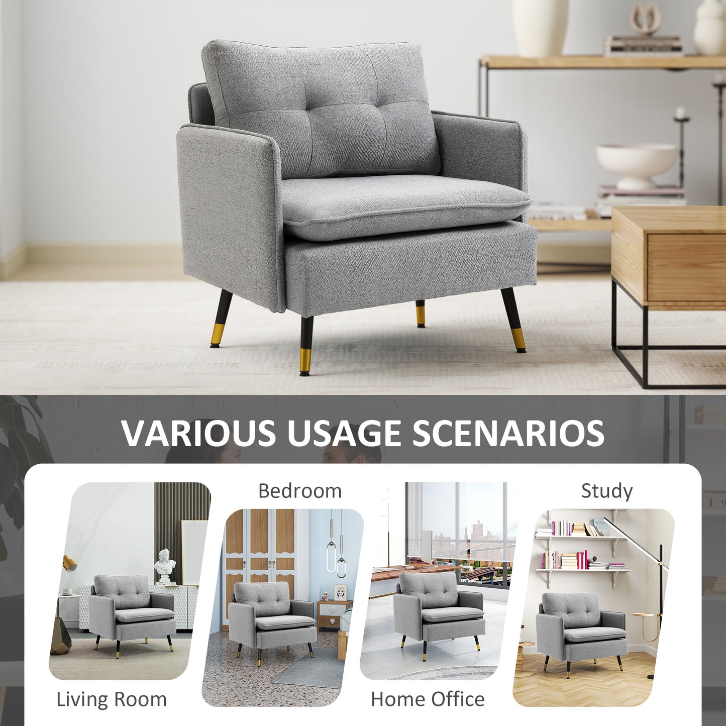 Ravane Tola Fabric Grey Button Tufted Accent Chair For Living Room Or Bedroom