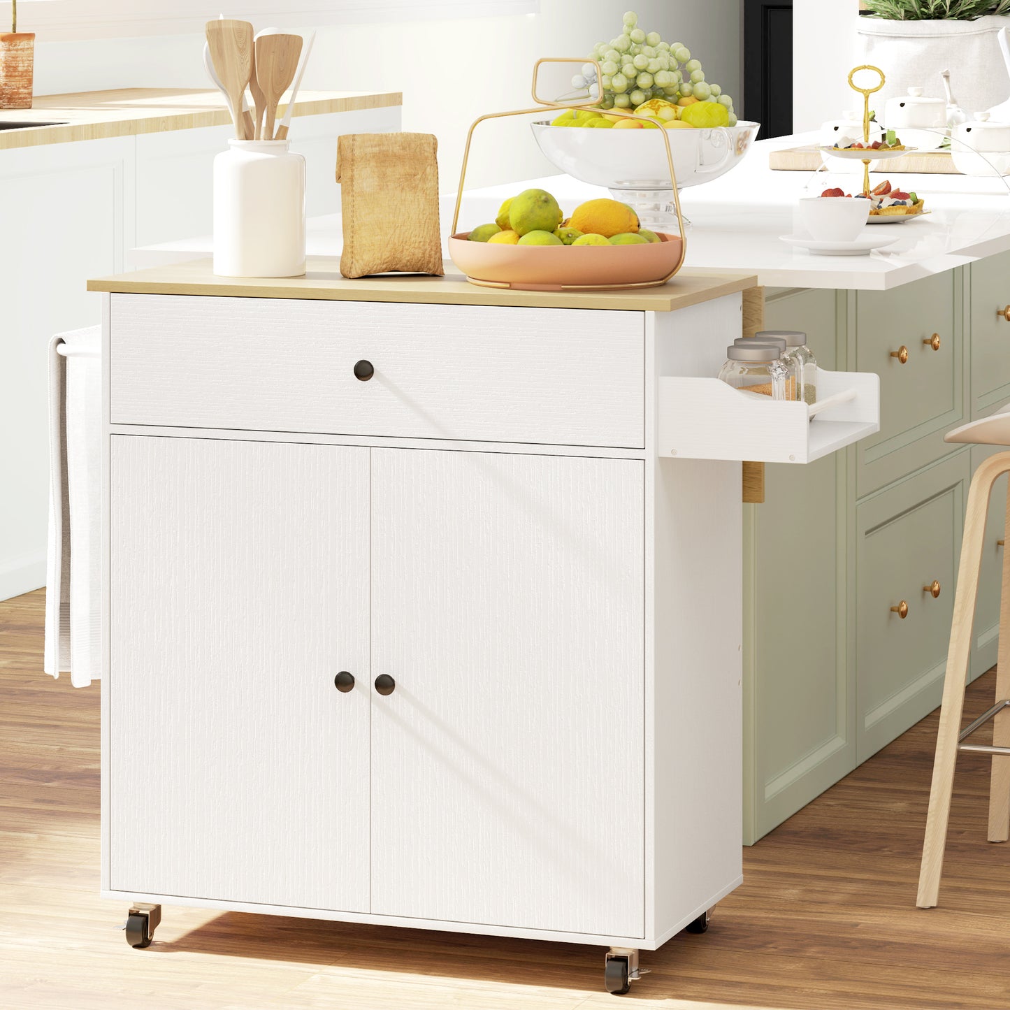 Seto Wooden White Rolling Kitchen Island With Drop Leaf Drawer Spice Rack And Towel Rail