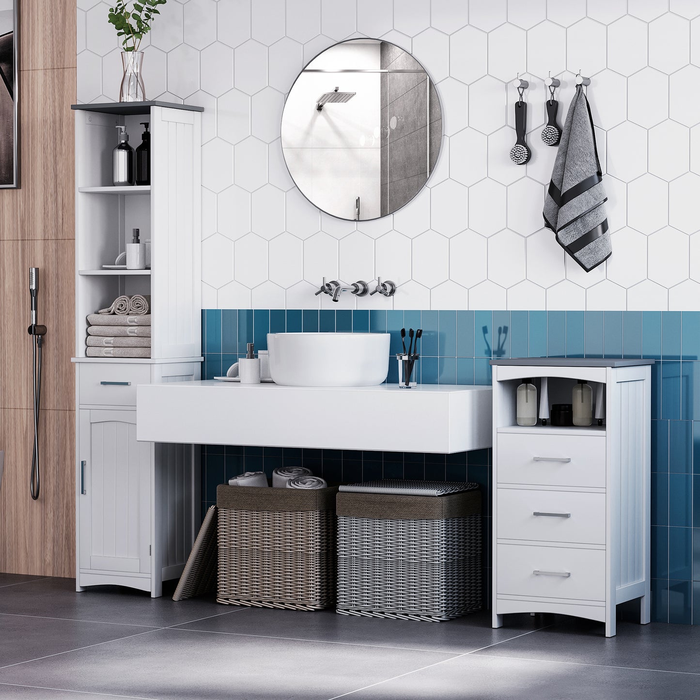 Noka Tall Slim Bathroom Linen Cabinet With Shelves Drawer And Door In White