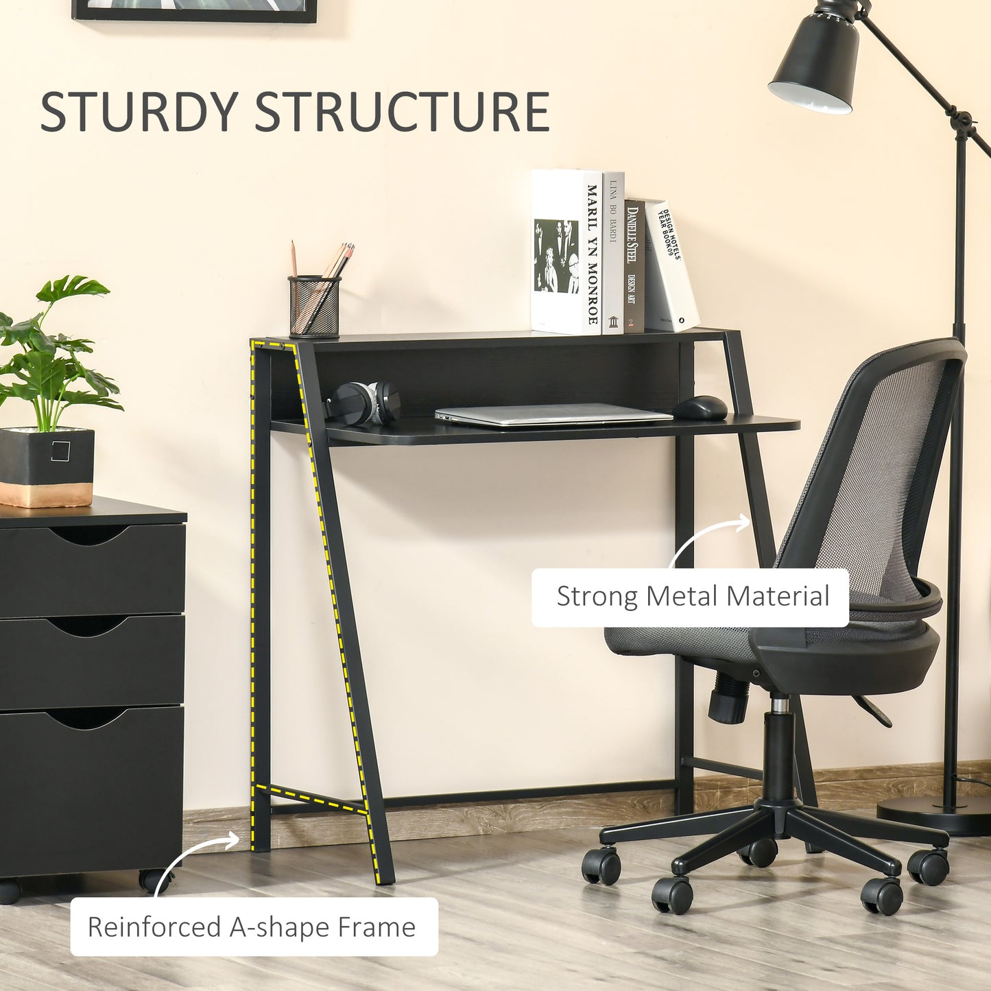 Havi 84cm Wooden Black Compact Writing Desk With Integrated Storage Shelving