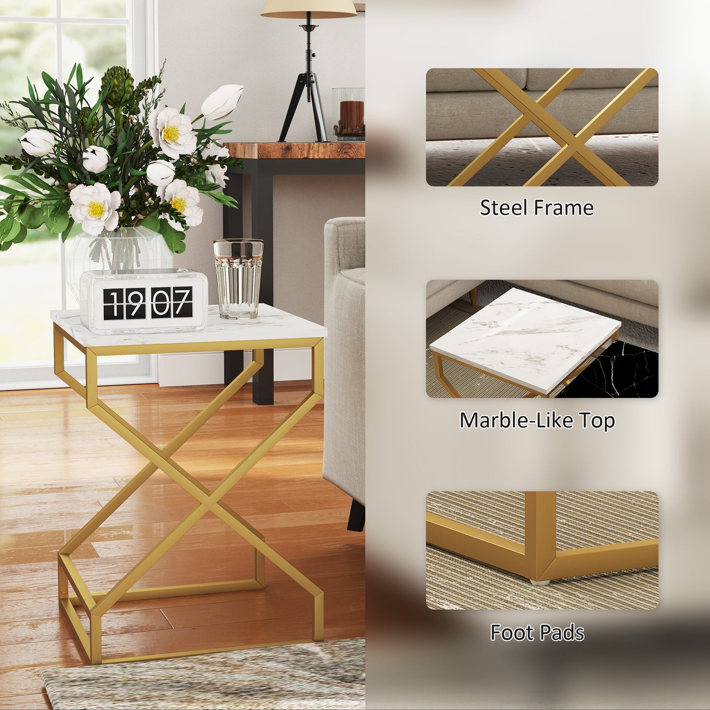 Revi Set Of 2 Marble Effect Nesting Side Tables Gold Metal Legs
