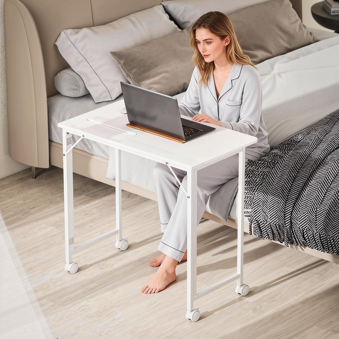 Veso 80cm Wooden White Folding Desk Lockable Wheels