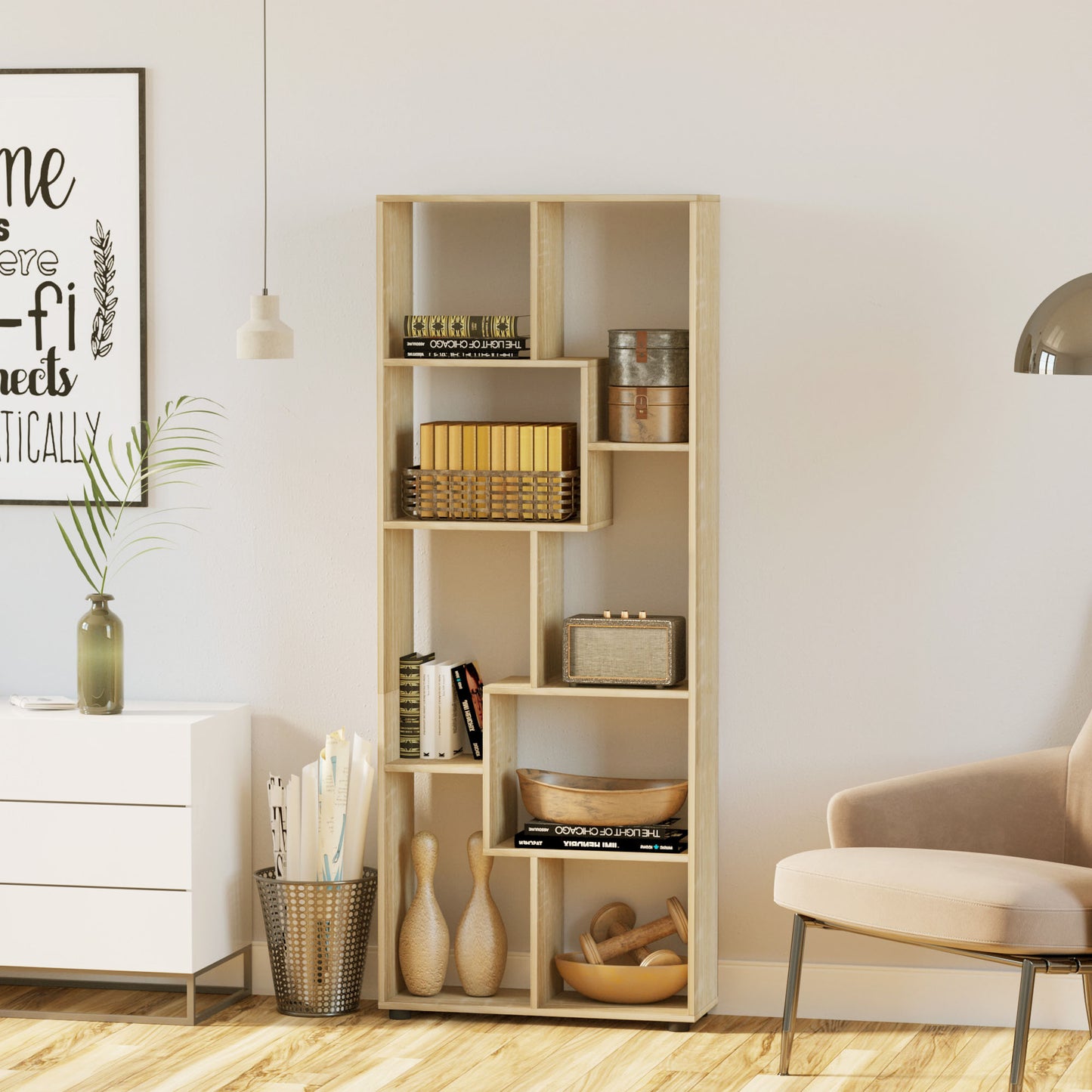 Nevi Ludo Wood Natural Finish Tall 8 Cube Bookcase Room Divider With Freestanding Shelving 70 x 24 x 178 cm