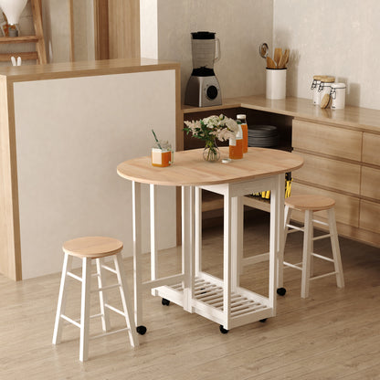 Rasola Wooden White Mobile Drop Leaf Dining Table With Stools Drawers Shelving And Wheels