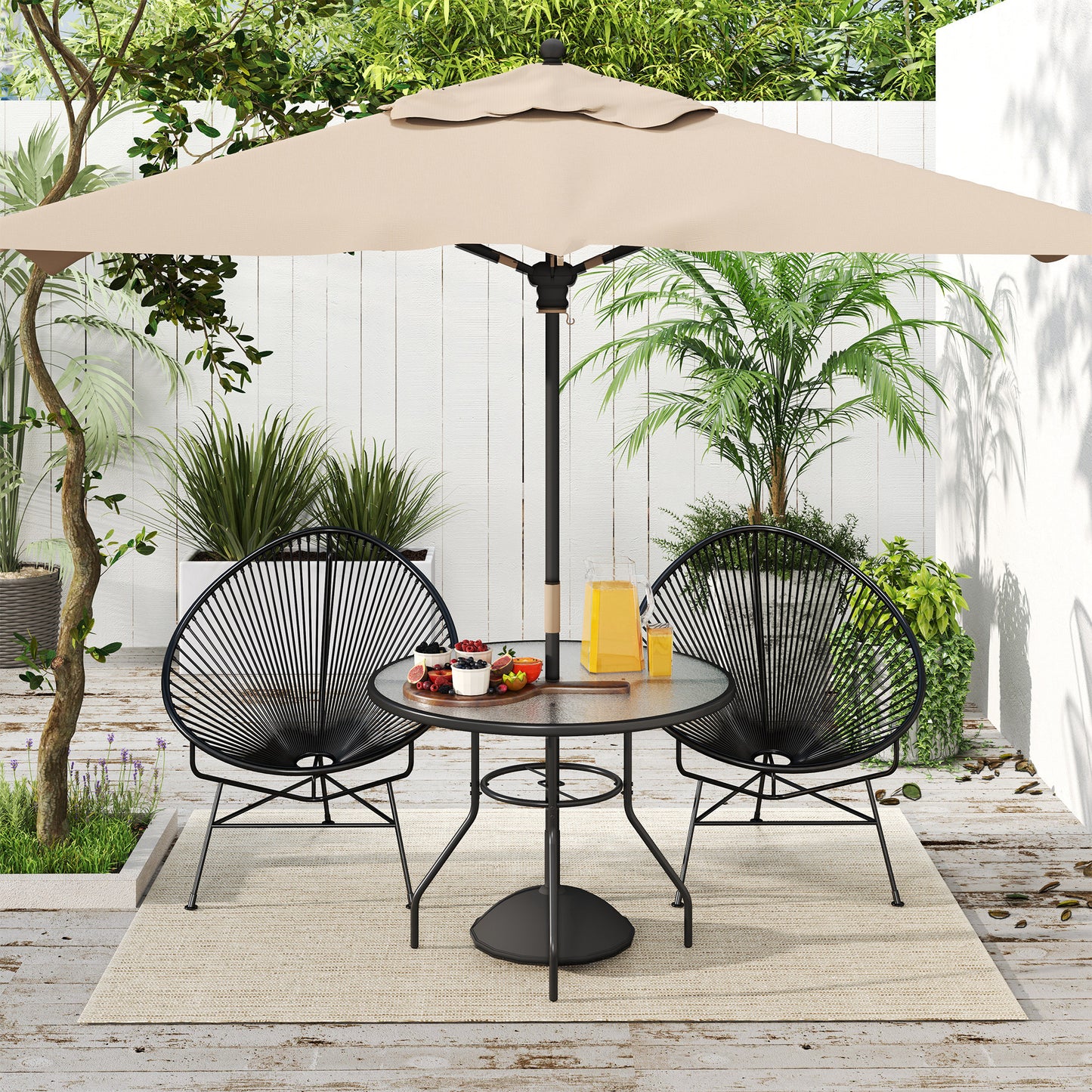 Rekapa Metal Black Glass Top Outdoor Table With Central Parasol Hole