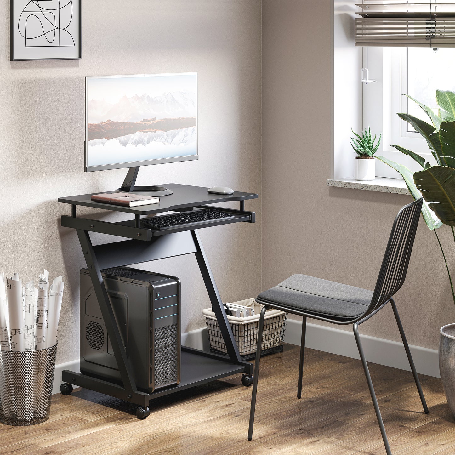Kamo Wooden Black Mobile Desk With Castor Wheels And Sliding Keyboard Tray