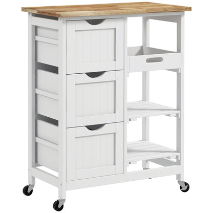 Lonoronno Wooden White Compact Rolling Kitchen Island With Natural 3 Shelves 3 Drawers