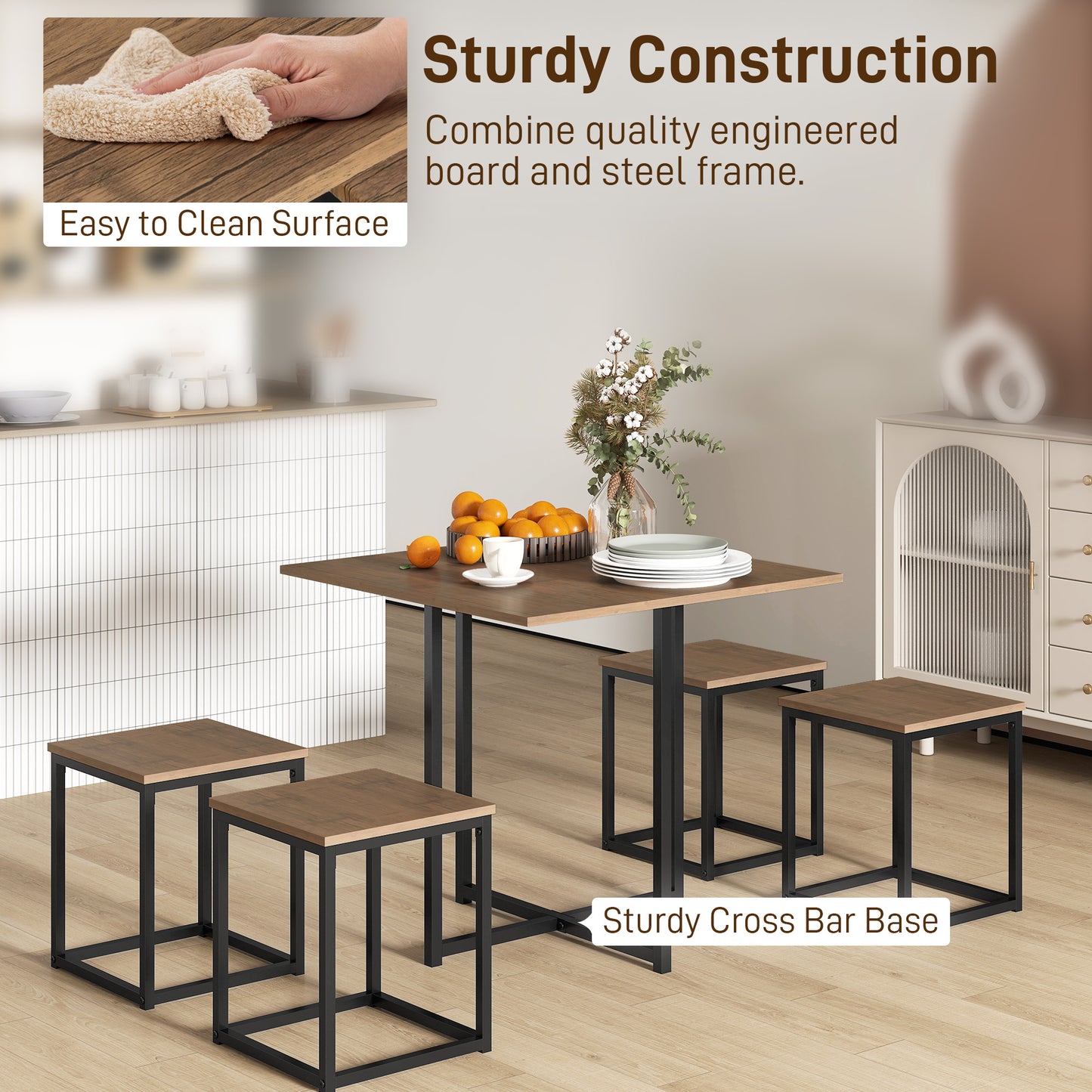 Sajonia Metal And Wooden Brown 5 Piece Industrial Dining Table And Stool Set