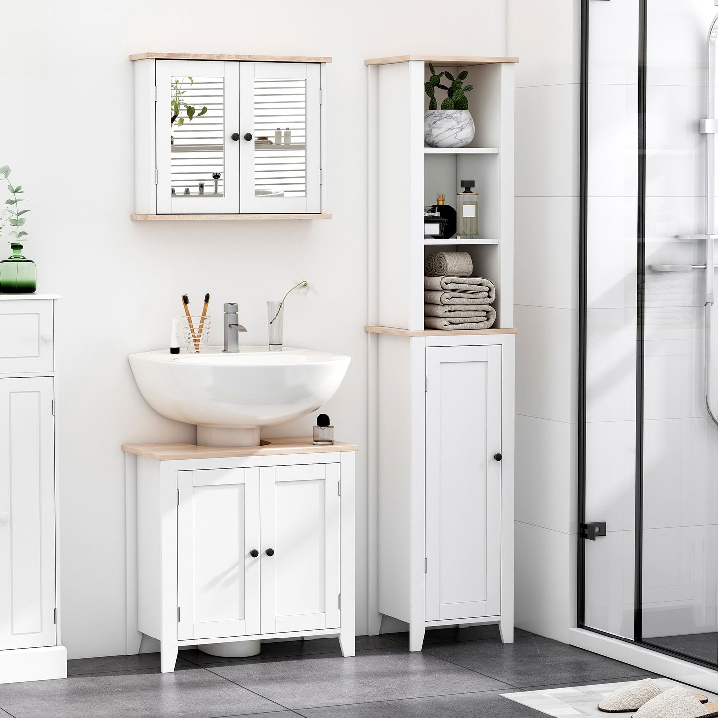 Lumo Bathroom Furniture Set With Wall Mirror Cabinet And Sink Storage White And Wood Grain
