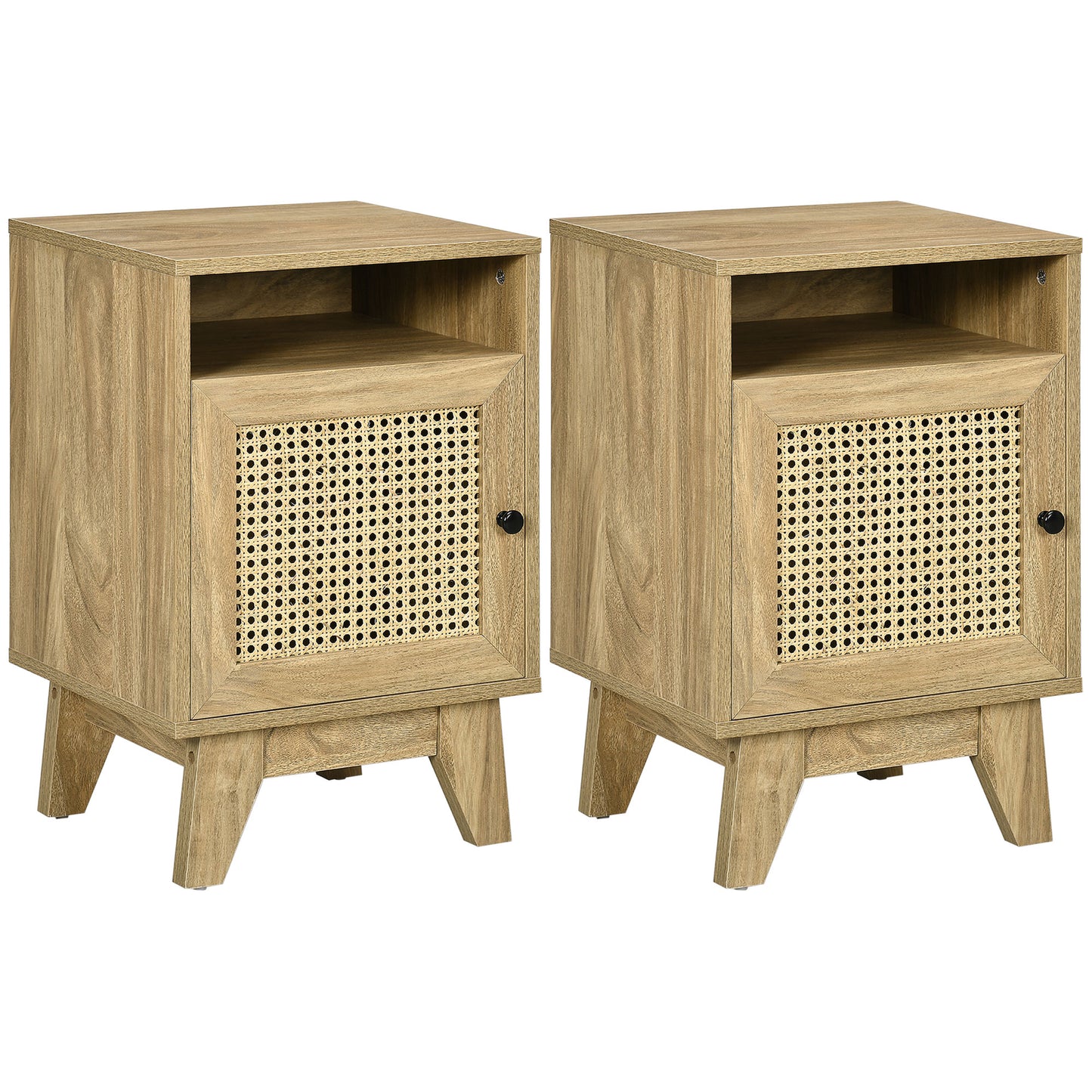 Hazi Wooden Set Of 2 Natural Wood and Rattan Bedside Tables With Shelf And Drawer