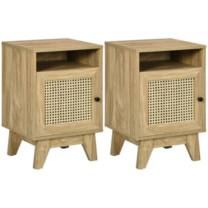 Hazi Wooden Set Of 2 Natural Wood and Rattan Bedside Tables With Shelf And Drawer