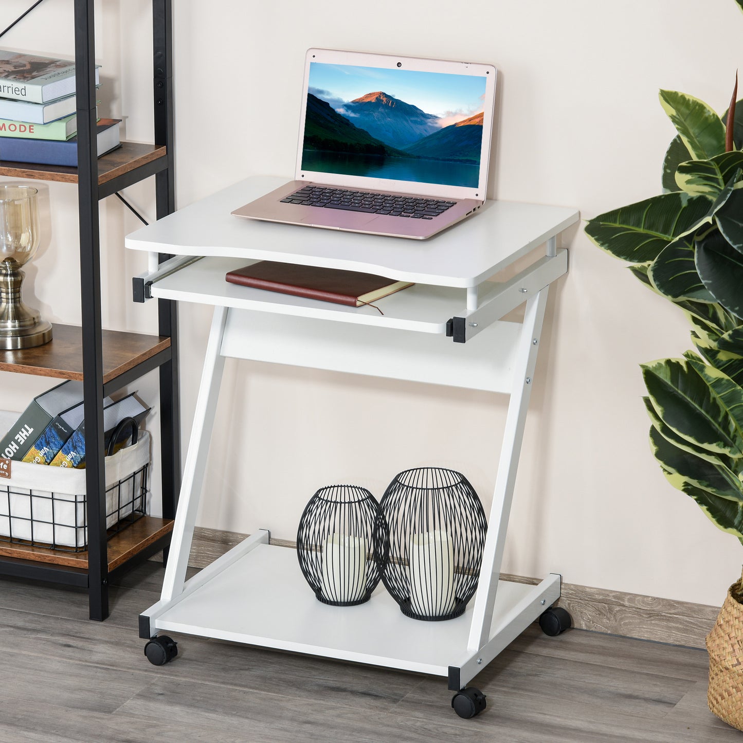 Suel 60cm Wooden White Mobile Z Shaped Desk With Castor Wheels And Sliding Keyboard Tray