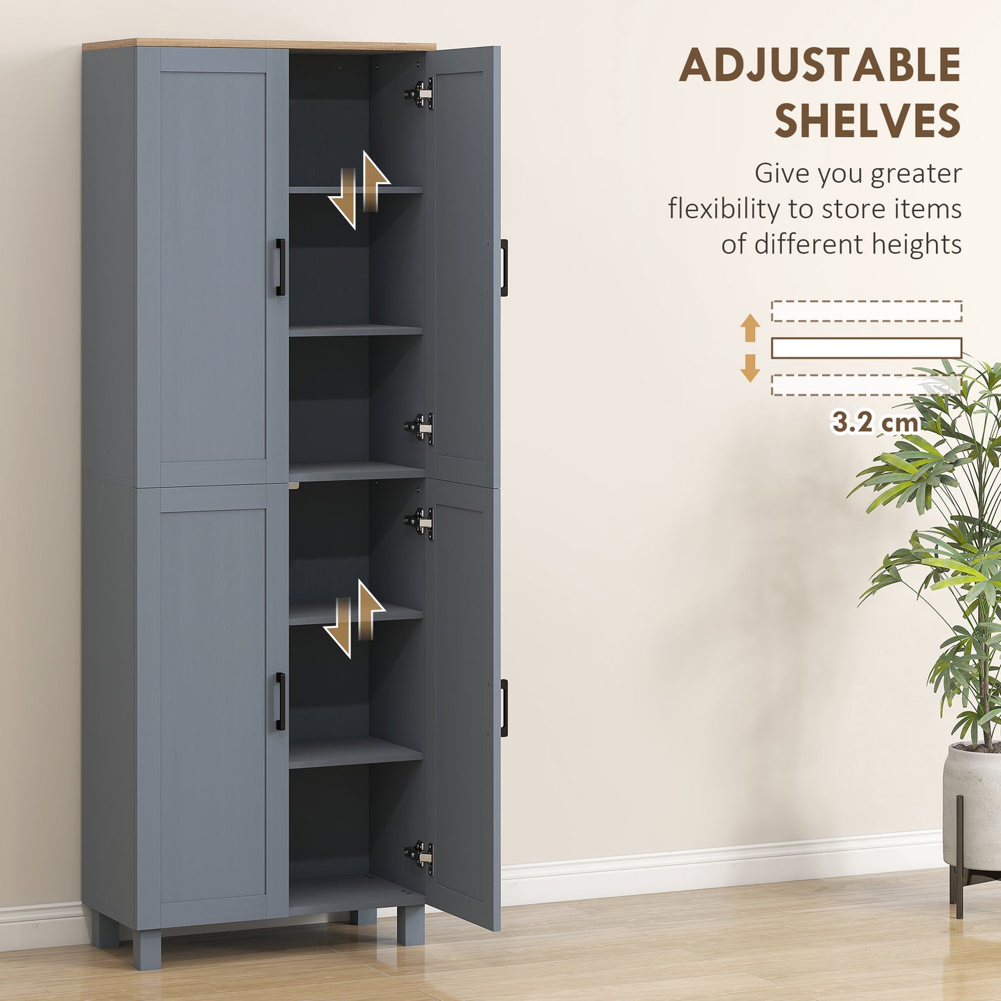 Parare 171cm Wooden Grey Wood Effect 4 Door Freestanding Kitchen Pantry Cabinet
