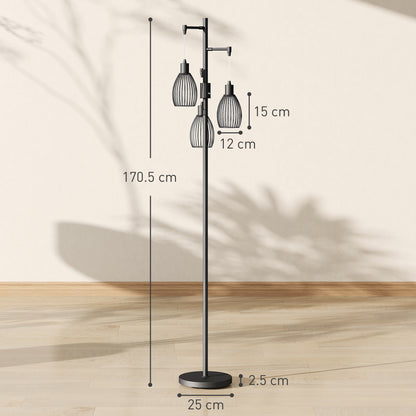 Tane Metal Black Industrial 3 Light LED Floor Lamp With Wire Cage Shades