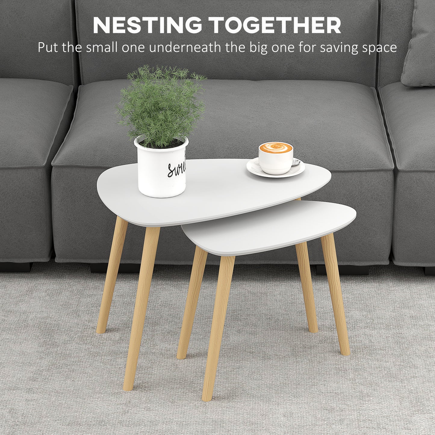 Keline  Set Of 2 Wood Light Grey Nesting Side Tables With Solid Wood Legs