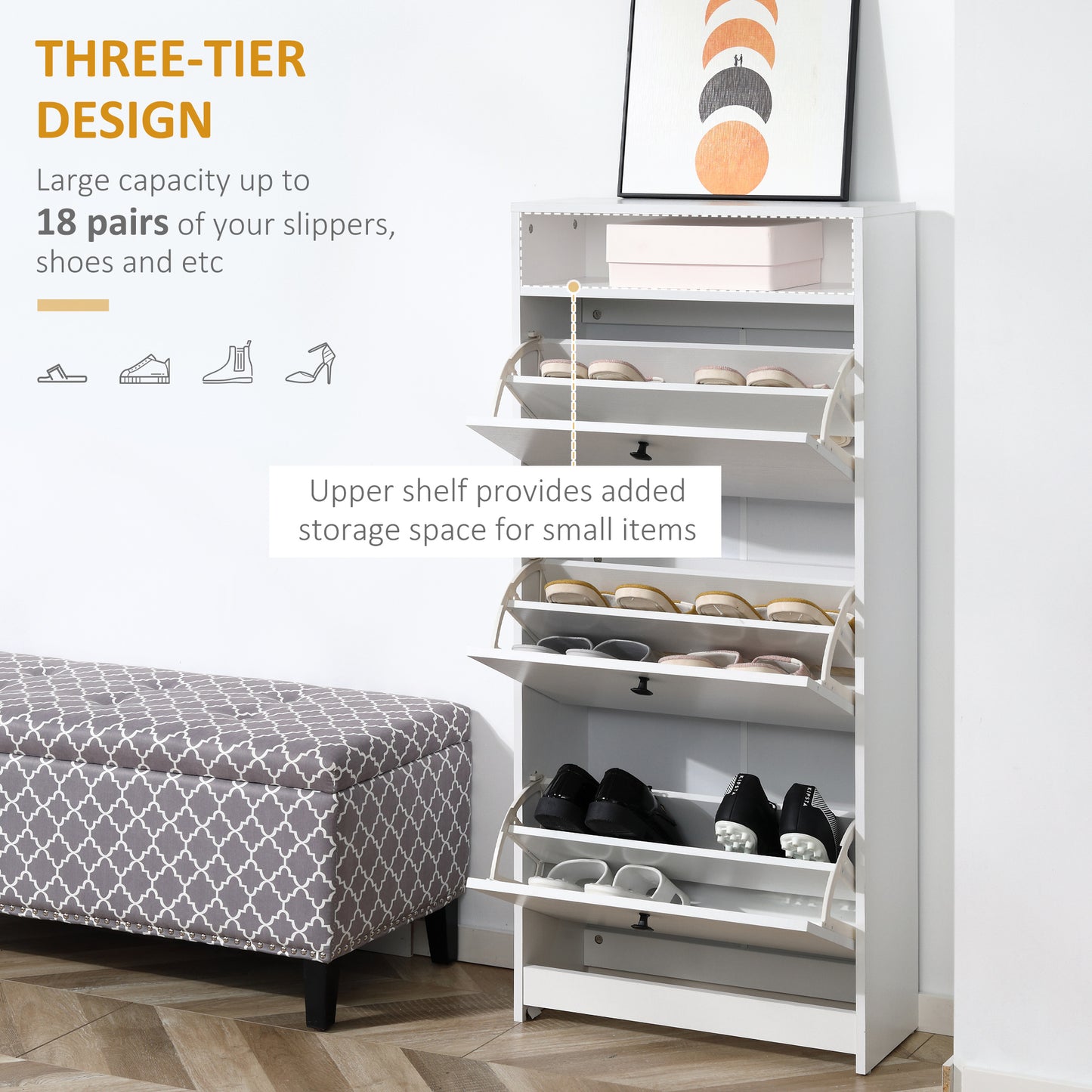 Kero Vemo Wooden White Slim Shoe Cabinet With 3 Flip Doors And Shelf