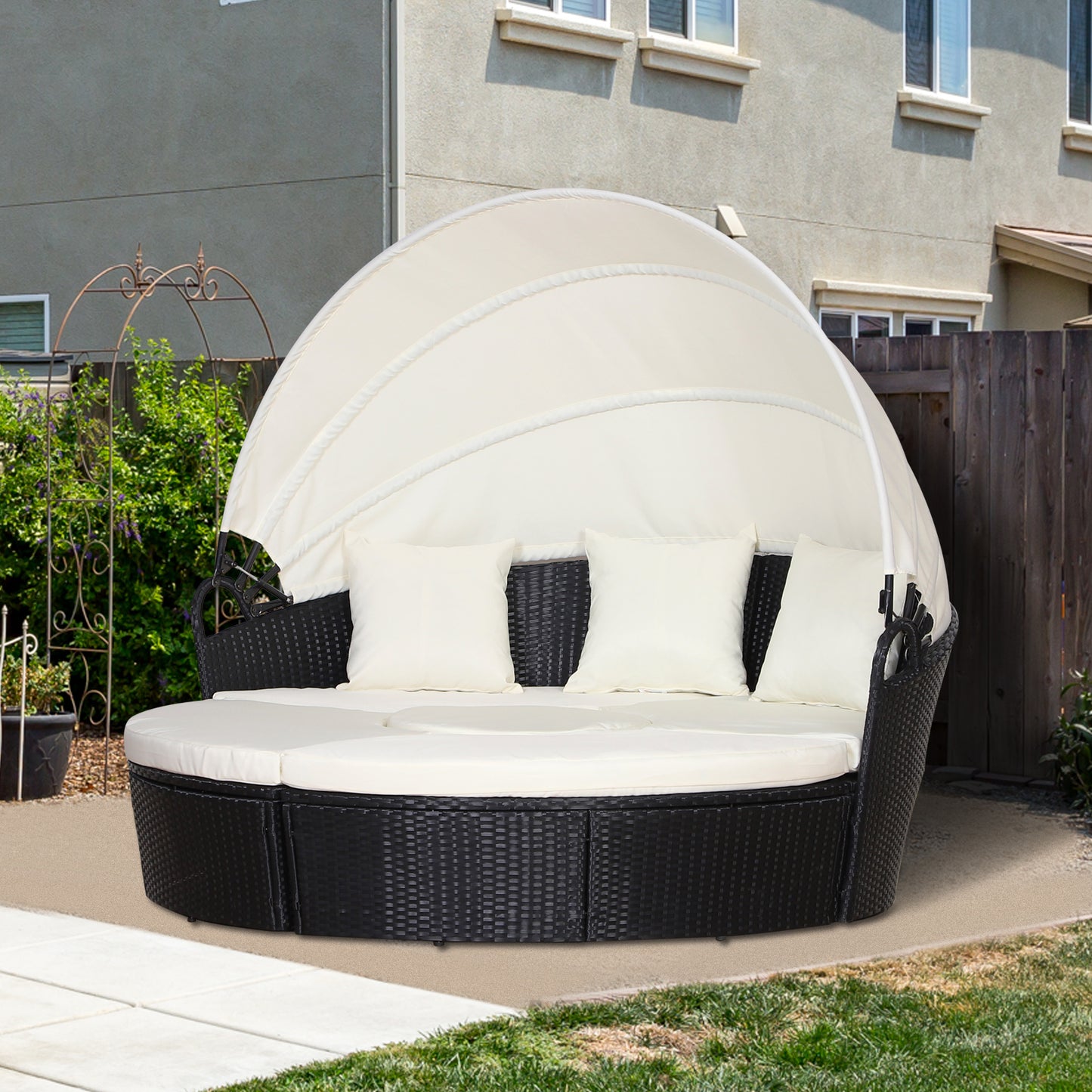 Taso Veli Rattan Black And White 5 Piece Outdoor Daybed Set With Canopy