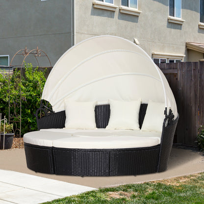 Taso Veli Rattan Black And White 5 Piece Outdoor Daybed Set With Canopy